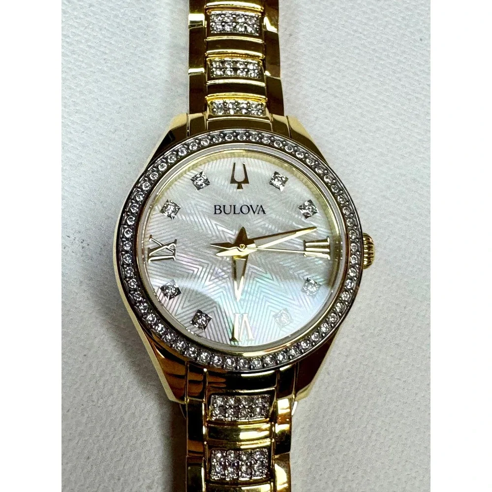 Bulova 98L306 Swarovski Crystal Gold Tone Watch MOP Dial Box Extra Links